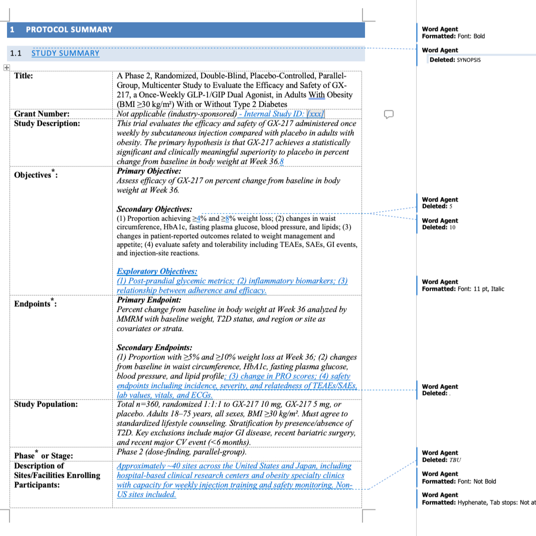 Tracked changes and Word Agent callouts in a document summary section